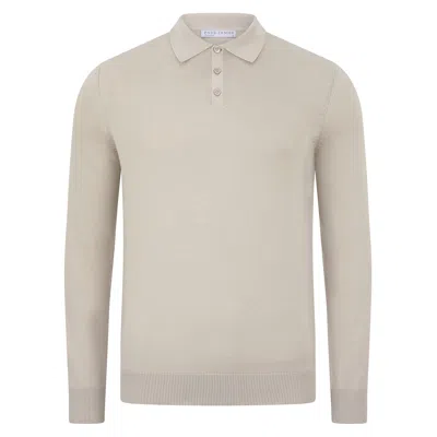 Paul James Knitwear Neutrals Mens Cotton Hall Long Sleeve Knitted Polo Shirt - Birch