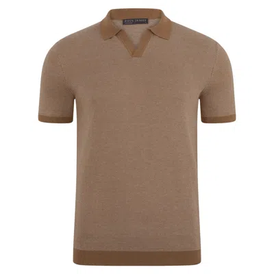 Paul James Knitwear Neutrals Mens Lightweight Cotton Giovanni Honeycomb Buttonless Polo Shirt - Camel In Beige