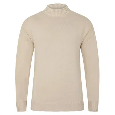 Paul James Knitwear Neutrals Mens Midweight Cotton Linen Whitby Mock Neck Gansey Jumper - Oatmeal