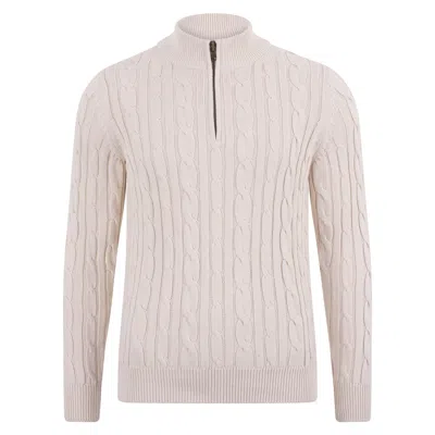Paul James Knitwear Neutrals Mens Midweight Romano Cotton Cable Zip Neck Jumper - Ecru In Beige