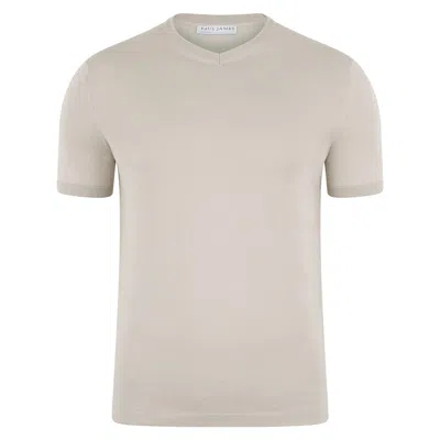 Paul James Knitwear Neutrals Mens Ultra Fine Cotton Hudson High V Neck Knitted T-shirt - Birch In Gray