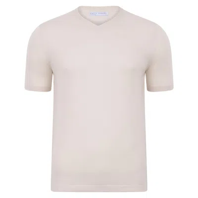 Paul James Knitwear Neutrals Mens Ultra Fine Cotton Hudson High V Neck Knitted T-shirt - Ecru In Beige