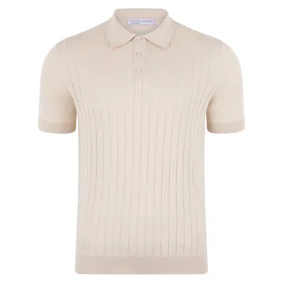 Paul James Knitwear Neutrals Mens Ultra Fine Cotton Miles Selection Knit Polo Shirt - Ecru