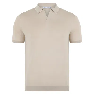 Paul James Knitwear Neutrals Mens Ultra Fine Cotton Nathan Buttonless Polo Shirt - Birch