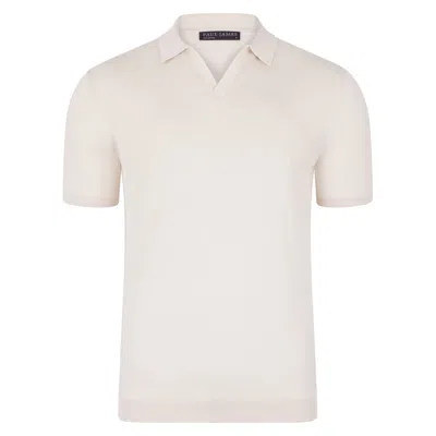 Paul James Knitwear Neutrals Mens Ultra Fine Cotton Nathann Buttonless Polo Shirt - Ecru In White