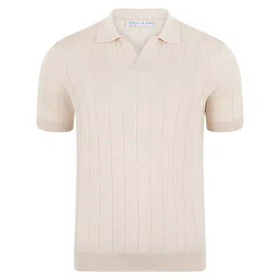 Paul James Knitwear Neutrals Mens Ultra Fine Cotton Riley Selection Knit Buttonless Polo Shirt - Ecru In Sand
