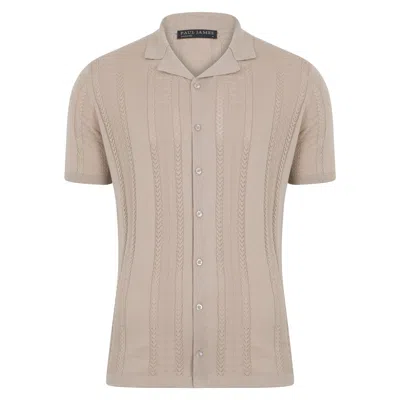 Paul James Knitwear Neutrals Mens Ultra Fine Cotton Santiago Open Knit Cuban Collar Shirt - Linen In Black