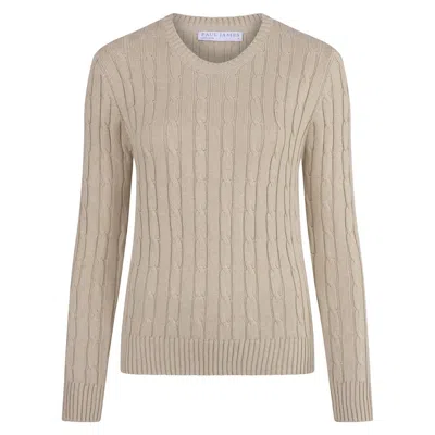 Paul James Knitwear Neutrals Womens Cotton Crew Neck Taylor Cable Jumper - Pebble