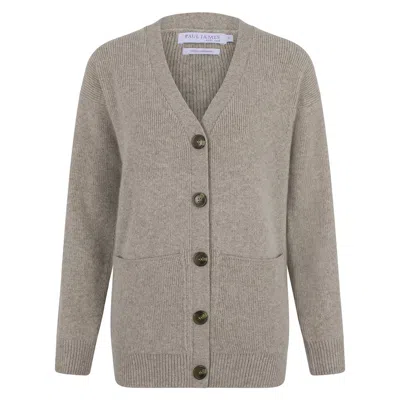 Paul James Knitwear Neutrals Womens Lambswool V Neck Ribbed Layla Cardigan With Pockets - Cobble In Gray