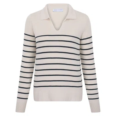 Paul James Knitwear Neutrals Womens Lightweight Cotton Colette Open Collar Breton Top - Ecru In Beige