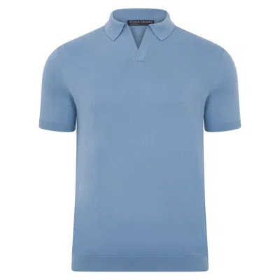 Paul James Knitwear White / Blue Men's Ultra Fine Cotton Nathan Buttonless Polo Shirt - Atlantic Blue In White/blue