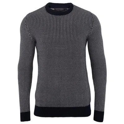 Paul James Knitwear White / Blue Mens Cotton David Fisherman Tuck Stitch Jumper - Navy In White/blue