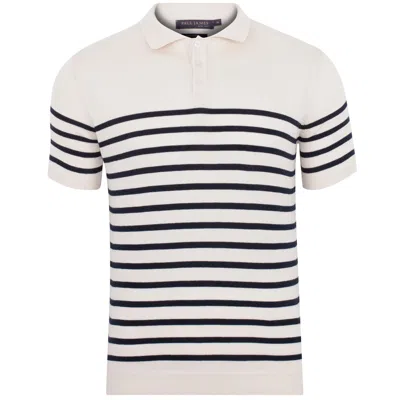 Paul James Knitwear White / Blue Mens Ultra Fine Cotton Breton Short Sleeve Polo Edward Shirt - Ecru In White/blue