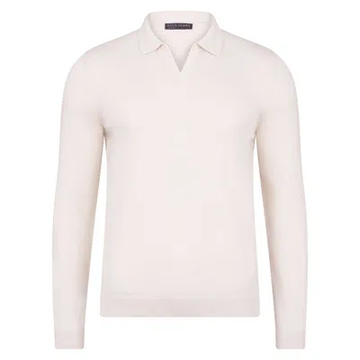 Paul James Knitwear White Mens Cotton Lightweight Lyndon Buttonless Polo Shirt - Ecru