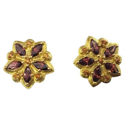 Pre-owned Paul Morelli 18 Karat Yellow Gold Garnet And Citrine Flower Earrings