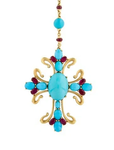 Pre-owned Paul Morelli 18k Ruby & Turquoise Cross Pendant Necklace, 29" In Multicolor
