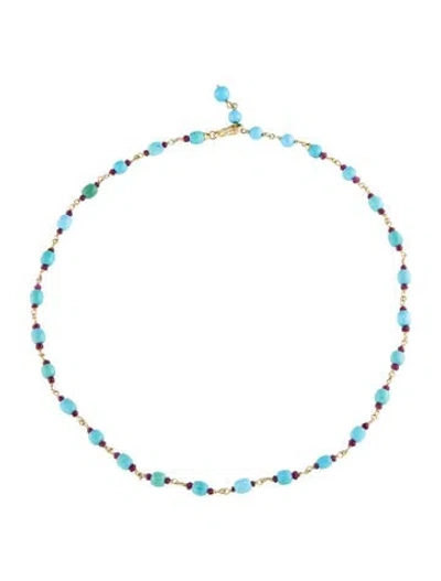 Pre-owned Paul Morelli 18k Turquoise & Glass Filled Ruby Bead Strand Necklace, 17.5" In Multi