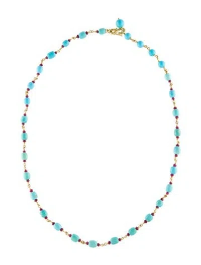 Pre-owned Paul Morelli 18k Turquoise & Ruby Bead Strand Necklace, 17" In Multi