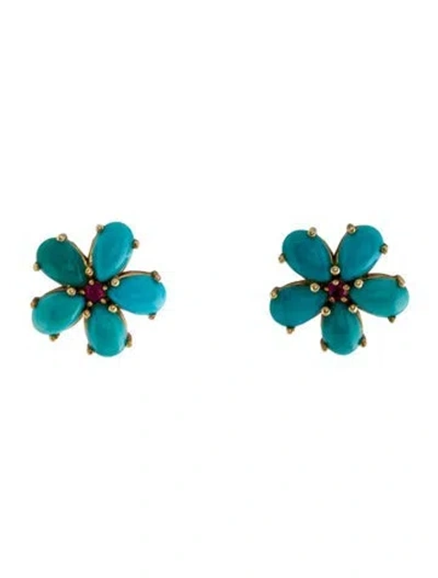 Pre-owned Paul Morelli 18k Turquoise & Ruby Petal Stud Earrings In Multicolor