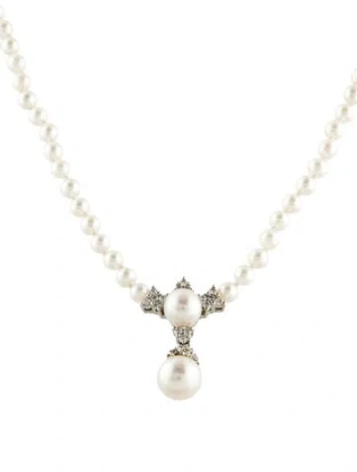 Pre-owned Paul Morelli Platinum Pearl & Diamond Pendant Necklace, 16" In Multi