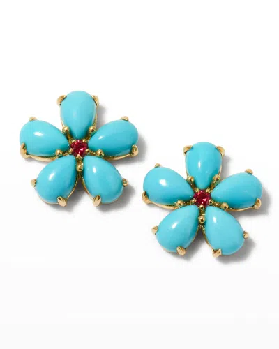 Paul Morelli Small Turquoise Petal Button Earrings With Rubies In Multi