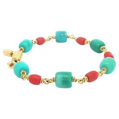 Pre-owned Paul Morelli Yellow Gold Alternating Turquoise & Coral Bead Link Bracelet