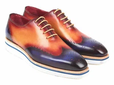 Pre-owned Paul Parkman Men's Smart Casual Wingtip Oxfords Blue & Camel (id188-blu-cml)