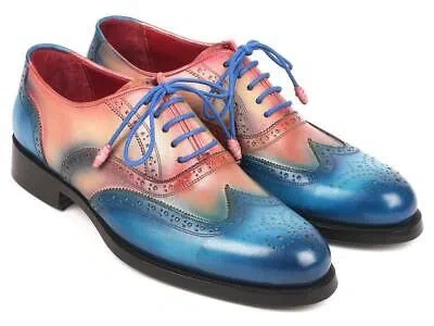 Pre-owned Paul Parkman Mens Shoe Oxfords Blue Pink Wingtip Goodyear Welted 027-blupnk In Blue/pink