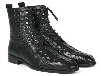 Pre-owned Paul Parkman Mens Shoes Boots Black Crocodile Embossed Lace-up Leather Bt744-blk