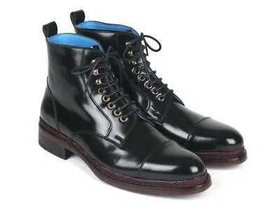 Pre-owned Paul Parkman Mens Shoes Boots Black Polished Leather Lace-up Handmade 5075-blk