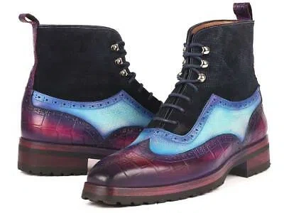 Pre-owned Paul Parkman Mens Shoes Boots Purple Light Navy Blue Wingtip Handmade 9736ptn In Purple/light Blue/navy Blue
