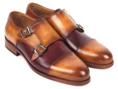 Pre-owned Paul Parkman Mens Shoes Brown Purple Captoe Double Monkstrap Handmade 045bp17 In Brown/purple