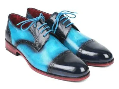 Pre-owned Paul Parkman Mens Shoes Derby Blue Turquoise Cap-toe Two-tone Handmade 046-trq In Blue/turquoise