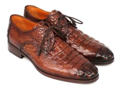 Pre-owned Paul Parkman Mens Shoes Derby Light Brown Crocodile Embossed Handmade 1438tab