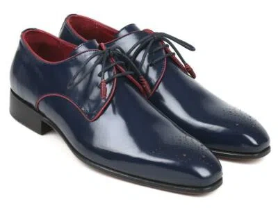 Pre-owned Paul Parkman Mens Shoes Derby Navy Blue Medallion Toe Laces Handmade 57rg27