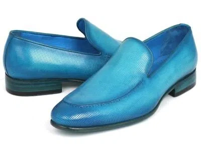 Pre-owned Paul Parkman Mens Shoes Loafer Leather Turquoise Hand-painted Handmade 874-trq In Blue