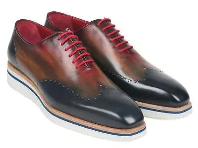 Pre-owned Paul Parkman Mens Shoes Oxfords Navy Multicolor Wingtip Handmade 187-mix-nvy In Navy Blue/multicolor