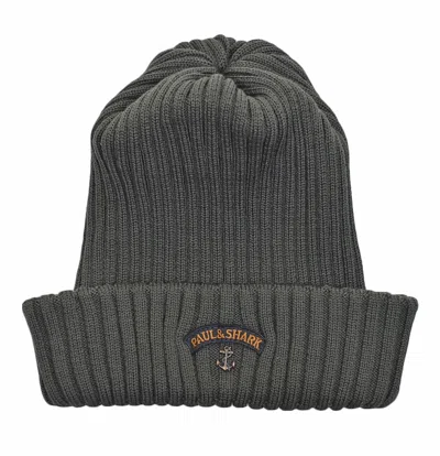 Paul & Shark Men's Ribbed Wool Beanie With Anchor Badge In Green
