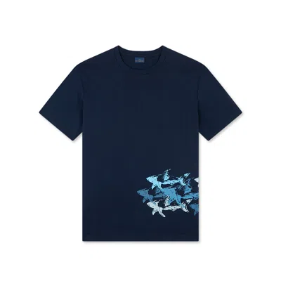 Paul & Shark T-shirt In Jersey Di Cotone Con Stampa Sharks Effetto Distressed In Blu