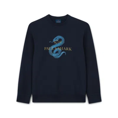Paul & Shark Felpa In Cotone Active Fleece Con Stampa Year Of The Snake In Blu