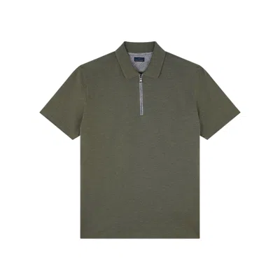 Paul & Shark Polo In Cotone Fine Piqué Con Zip E Dettagli In Lino In Verde Oliva Bruciato