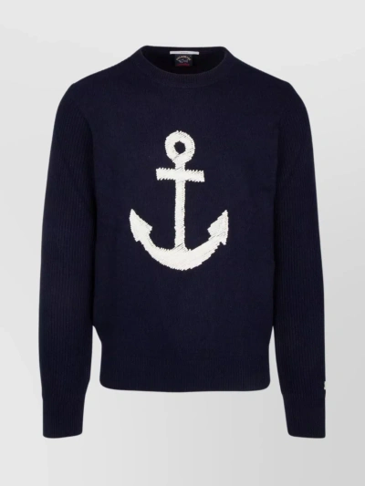 Paul & Shark Knit Crew With Ribbed Hem And Anchor Motif In Blue