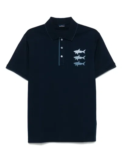 Paul & Shark Cotton Jersey Polo Shirt With Sharks Print In Blue