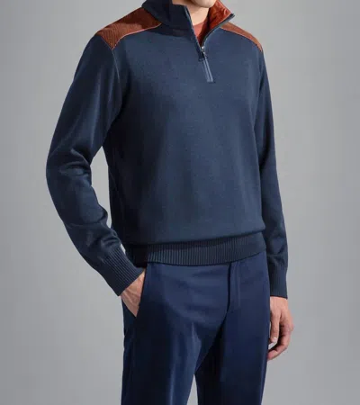 Paul & Shark Men's Wool Zip Sweater With Corduroy Details In Navy In Blue
