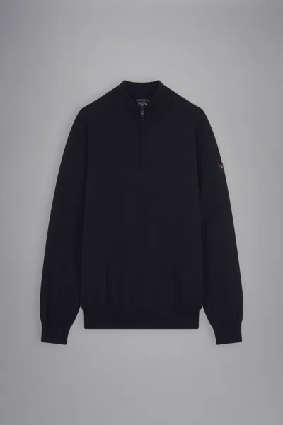 Paul & Shark Maglia Con Zip In Lana Merino Con Badge Iconico In Blu