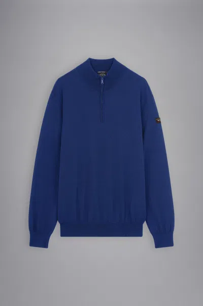 Paul & Shark Maglia Con Zip In Lana Merino Con Badge Iconico In Blu Indigo