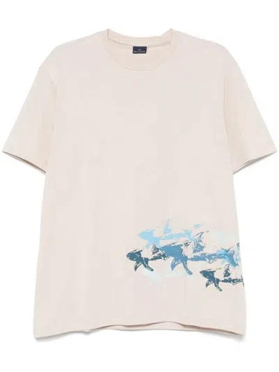 Paul & Shark Cotton Jersey T-shirt With Distressed Sharks Print Clothing In Beige