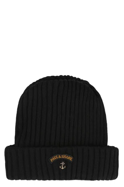 Paul & Shark Ribbed Wool Beanie In Black