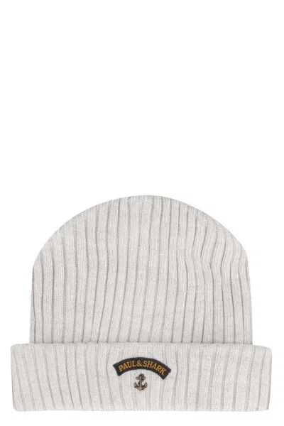 Paul & Shark Ribbed Wool Beanie In Grey