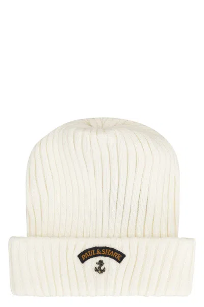 Paul & Shark Ribbed Wool Beanie In White